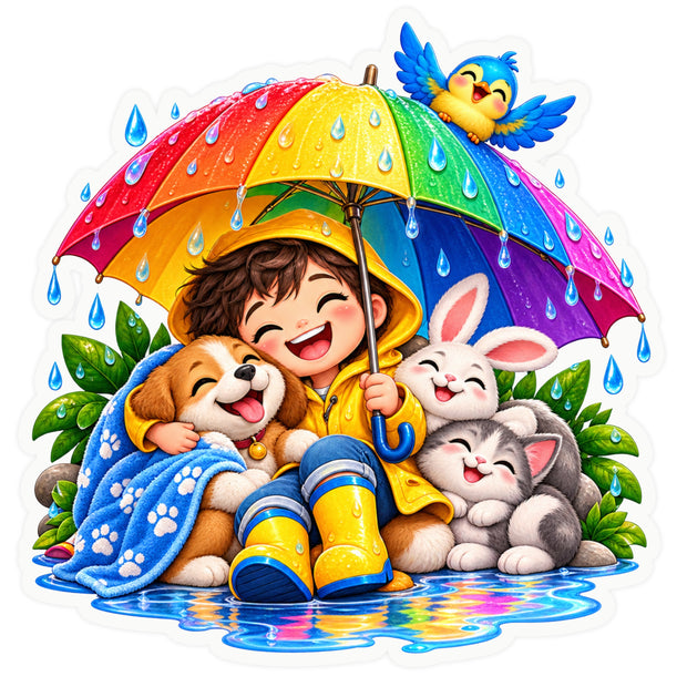 Cute Boy with Dog Cat and Rabbit Under Colourful Umbrella Rain Sticker by STIXY