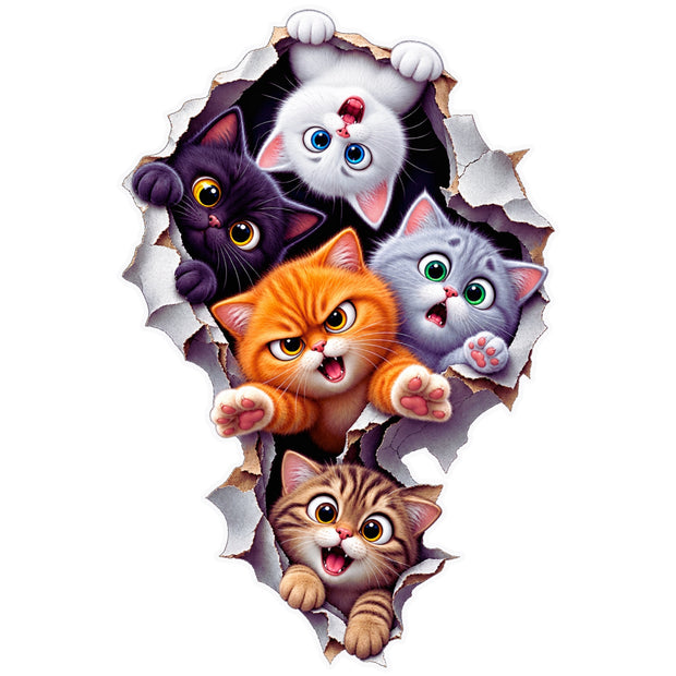 Funny Five Cats Breaking Through Wall 3D Illusion Waterproof Matte Vinyl Sticker by STIXY