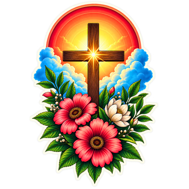 Christian Cross with Colorful Flowers and Sunrise Spiritual Waterproof Matte Sticker by STIXY