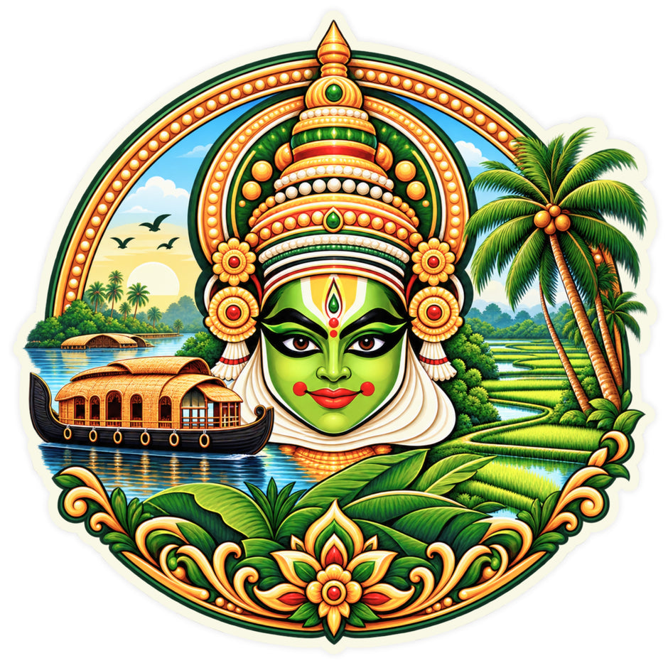 Kerala Kathakali Traditional Art Waterproof Matte Vinyl Sticker with Houseboat Coconut Trees and Backwaters by STIXY