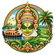 Kerala Kathakali Traditional Art Waterproof Matte Vinyl Sticker with Houseboat Coconut Trees and Backwaters by STIXY