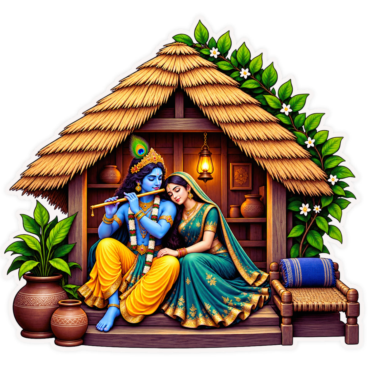 Radha Krishna Village Hut Sticker with Traditional Indian Rustic Devotional Artwork by STIXY