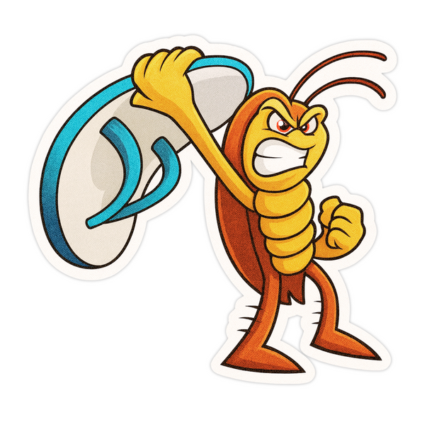 Angry Cockroach with Chappal Sticker – Funny Cartoon Design | Water-Resistant Vinyl premium sticker product image 1