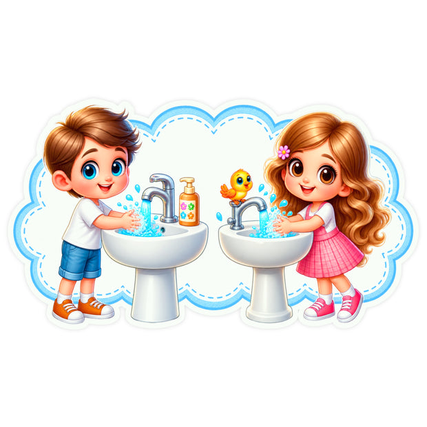 Cute Boy and Girl Hand Washing Hygiene Reminder Waterproof Matte Vinyl Sticker for Kids by STIXY