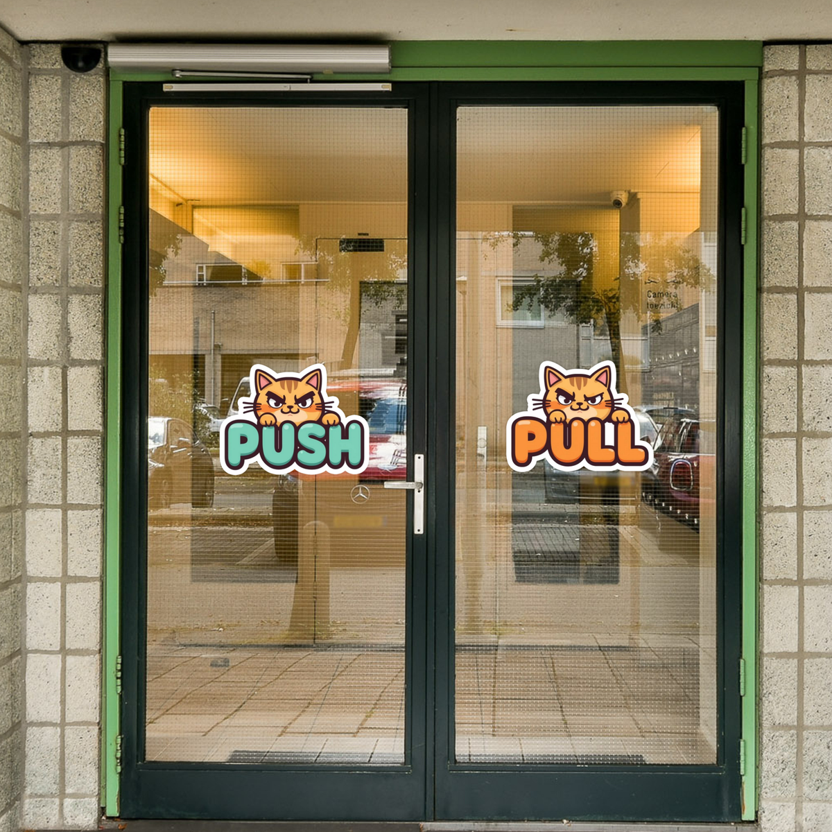 Angry Cat Push & Pull Door Sticker Set – Waterproof Matte Vinyl (15 cm) premium product image view 1