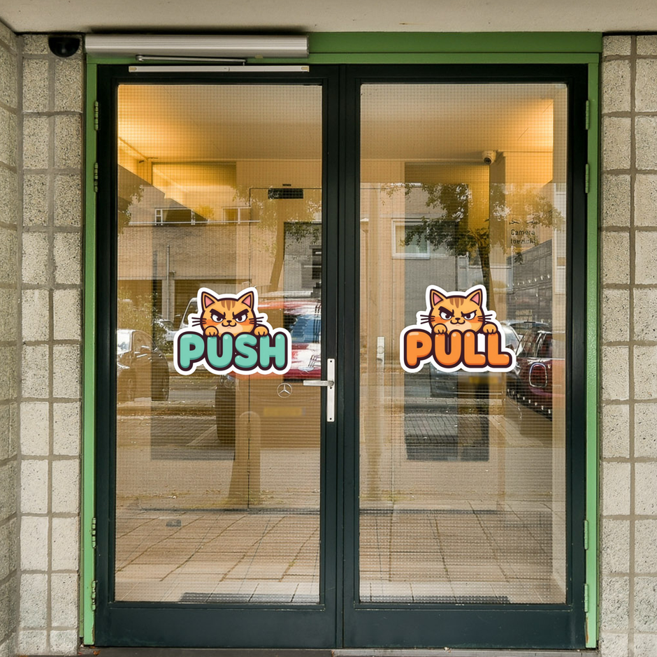 Angry Cat Push & Pull Door Sticker Set – Waterproof Matte Vinyl (15 cm) premium product image view 1