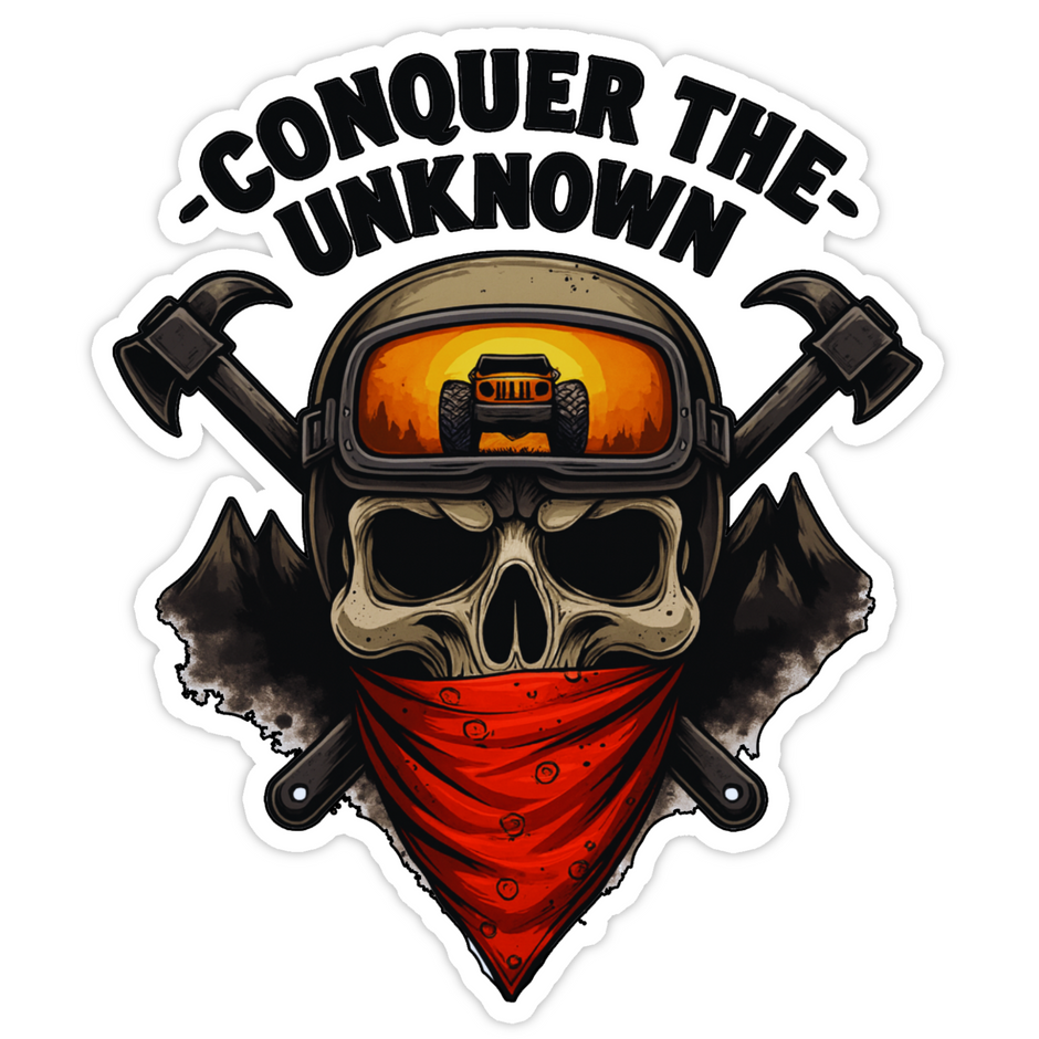 WATERPROOF CONQUER THE UNKNOWN JEEP STICKER – OFFROAD ADVENTURE DECAL premium sticker product image 1