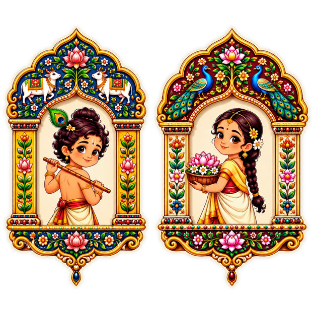 Bal Krishna and Radha Jharokha Sticker Set of 2 with Colorful Traditional Indian Heritage Art by STIXY