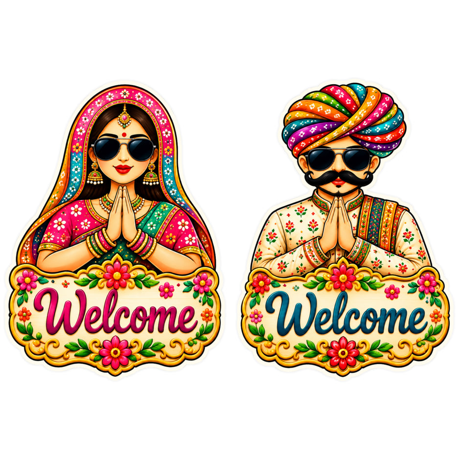 Rajasthani Couple Welcome Sticker Set of 2 Featuring Traditional Rajasthani Man and Woman with Namaste Pose and Colourful Welcome Design by STIXY