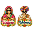 Rajasthani Couple Welcome Sticker Set of 2 Featuring Traditional Rajasthani Man and Woman with Namaste Pose and Colourful Welcome Design by STIXY