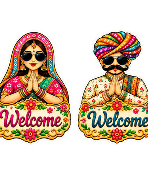 Rajasthani Couple Welcome Sticker Set of 2 Featuring Traditional Rajasthani Man and Woman with Namaste Pose and Colourful Welcome Design by STIXY