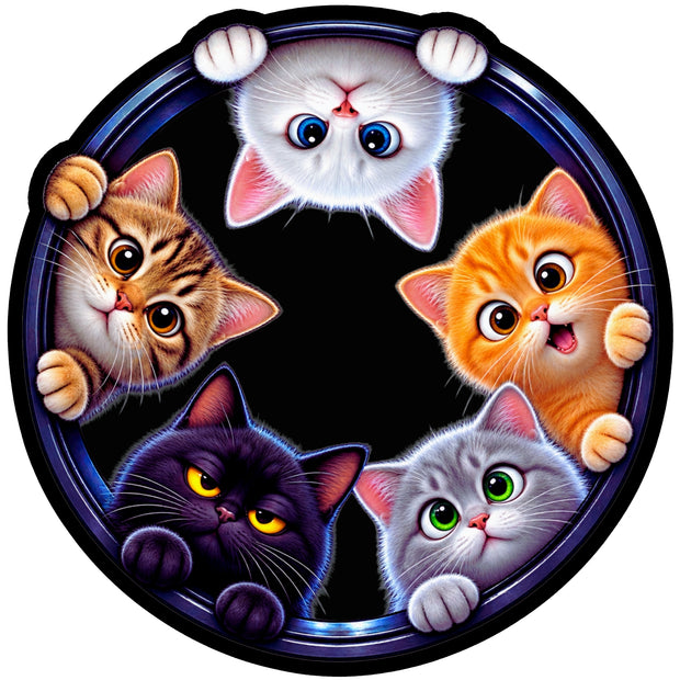 Five Cute Cats Peeking Through Round Hole 3D Illusion Sticker by STIXY