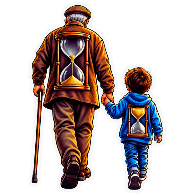Grandfather and Grandchild Walking Together Hourglass Life Journey Waterproof Matte Sticker by STIXY