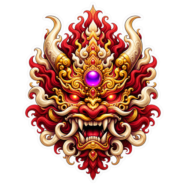Ornate Red Gold Guardian Face Waterproof Matte Vinyl Sticker by STIXY