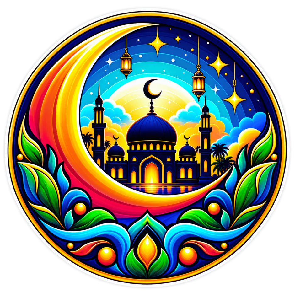 Colorful Islamic Mosque Crescent Moon Spiritual Sticker with Ramadan Inspired Artwork by STIXY