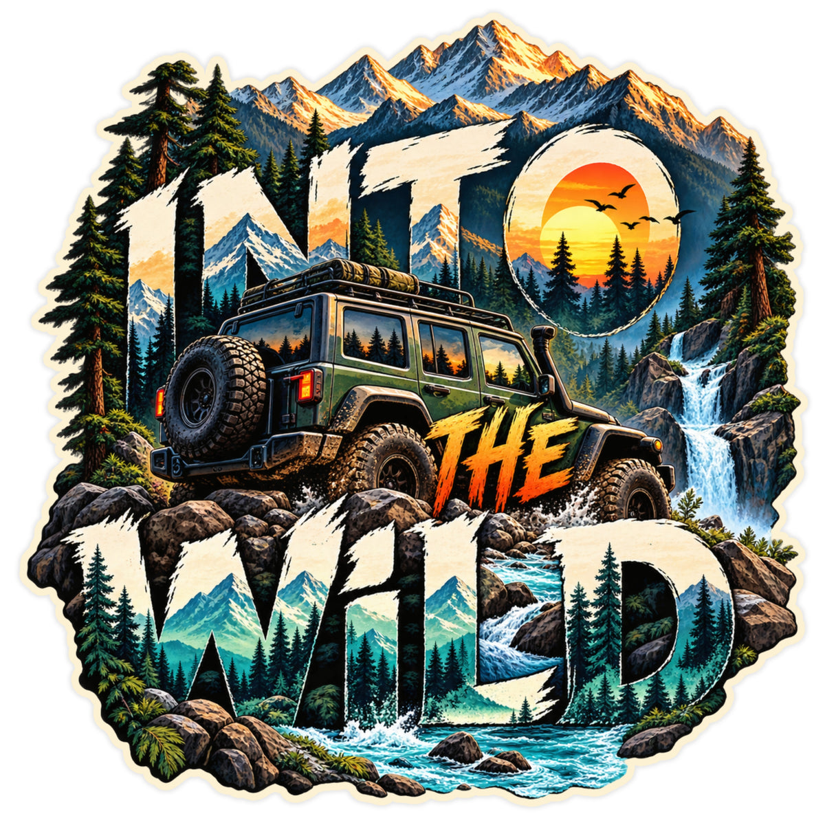 Into The Wild Mountain Off Road Adventure Sticker with 4x4 SUV Snowy Mountains and Waterfall by STIXY