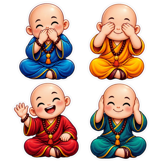 Cute Little Monk Sticker Set of 4 Colorful Mindfulness Waterproof Matte Vinyl Stickers by STIXY