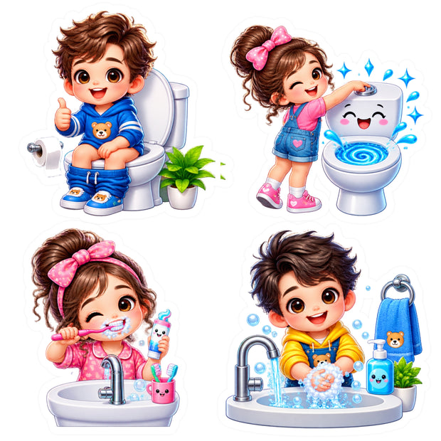 Kids Washroom Hygiene Routine Waterproof Matte Vinyl Sticker Pack of 4 by STIXY