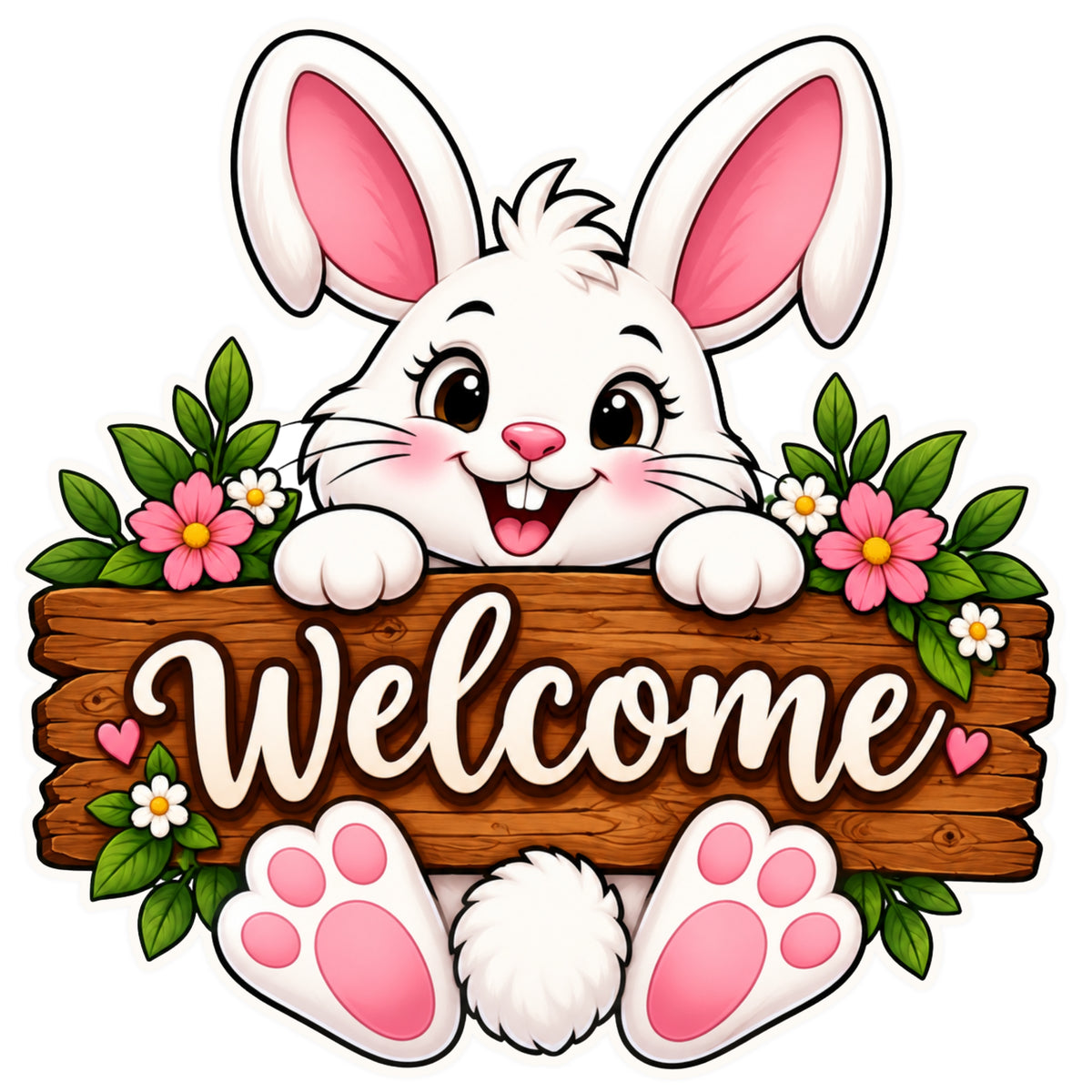STIXY Cute Bunny Welcome Sticker Featuring Adorable White Rabbit with Pink Ears and Paws Holding Wooden Welcome Sign Decorated with Colorful Flowers