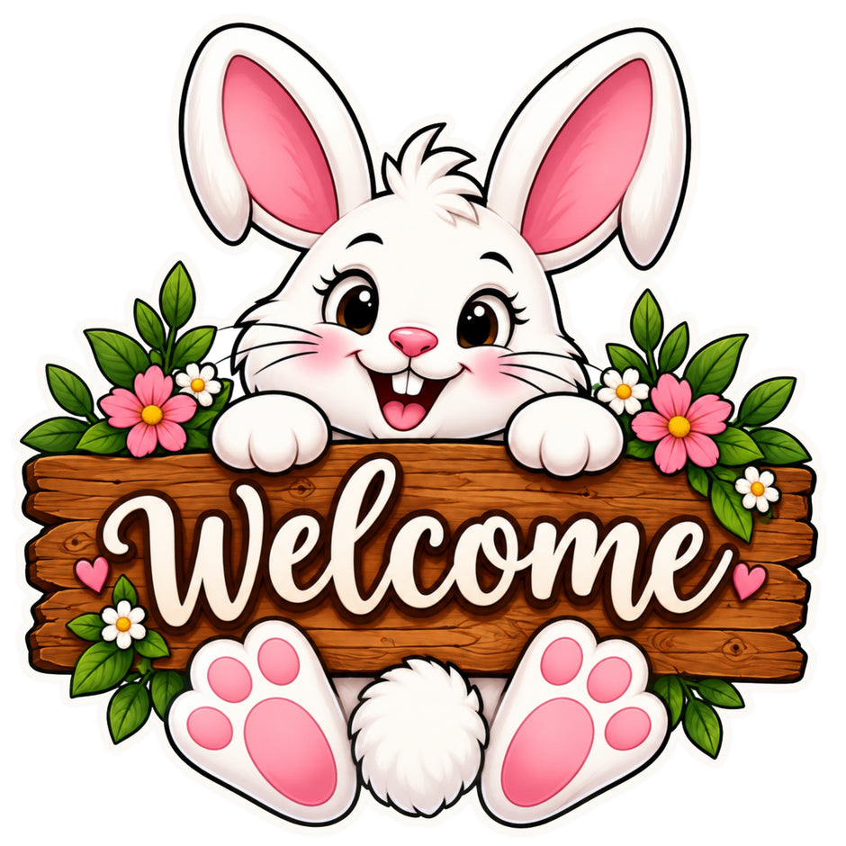 STIXY Cute Bunny Welcome Sticker Featuring Adorable White Rabbit with Pink Ears and Paws Holding Wooden Welcome Sign Decorated with Colorful Flowers