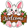 STIXY Cute Bunny Welcome Sticker Featuring Adorable White Rabbit with Pink Ears and Paws Holding Wooden Welcome Sign Decorated with Colorful Flowers