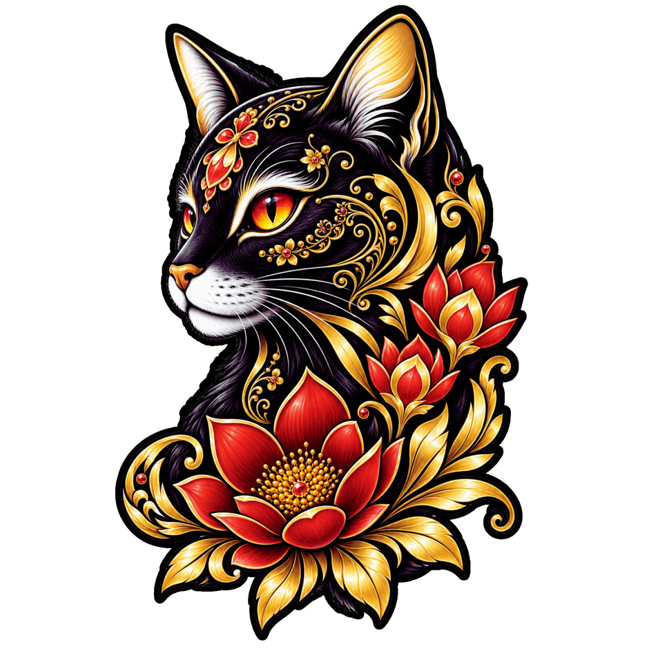 Black Cat Floral Art Sticker with Red Lotus Flowers and Gold Ornamental Design by STIXY