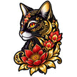 Black Cat Floral Art Sticker with Red Lotus Flowers and Gold Ornamental Design by STIXY