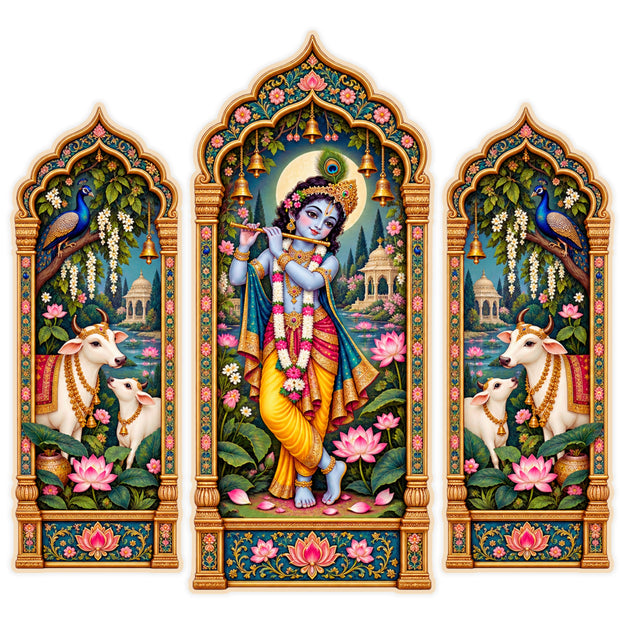 Lord Krishna with Cows Jharokha Sticker Set of 3 Featuring Traditional Indian Temple Arch Artwork by STIXY