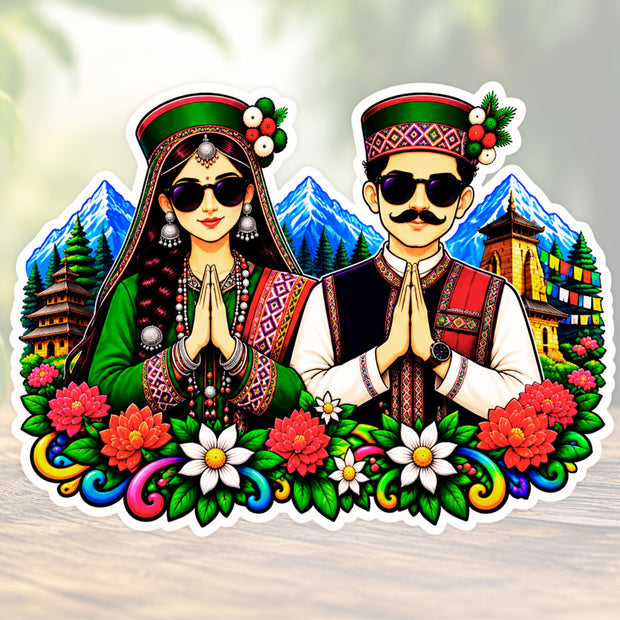 Pahadi Couple Traditional Himachal Uttarakhand Culture Waterproof Matte Vinyl Sticker by STIXY