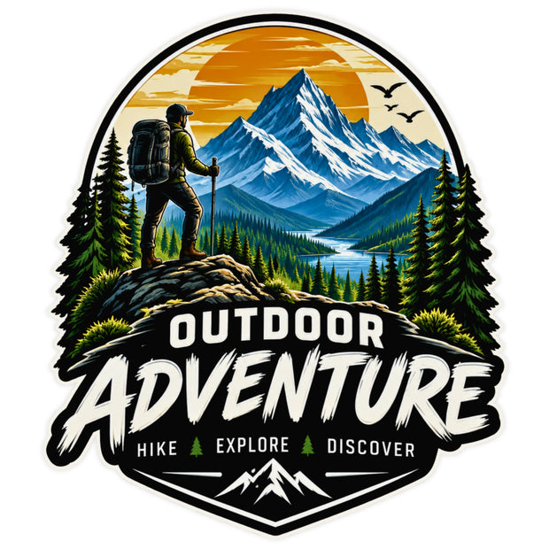 Outdoor Adventure Hiking Waterproof Matte Vinyl Sticker Featuring Snowy Mountains Hiker Pine Forest and Explore Design by STIXY