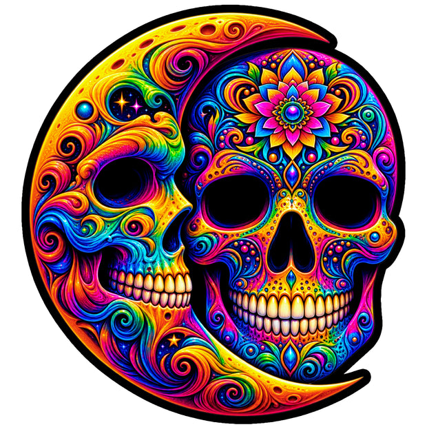 Colorful Double Skull Crescent Moon Psychedelic Sticker by STIXY