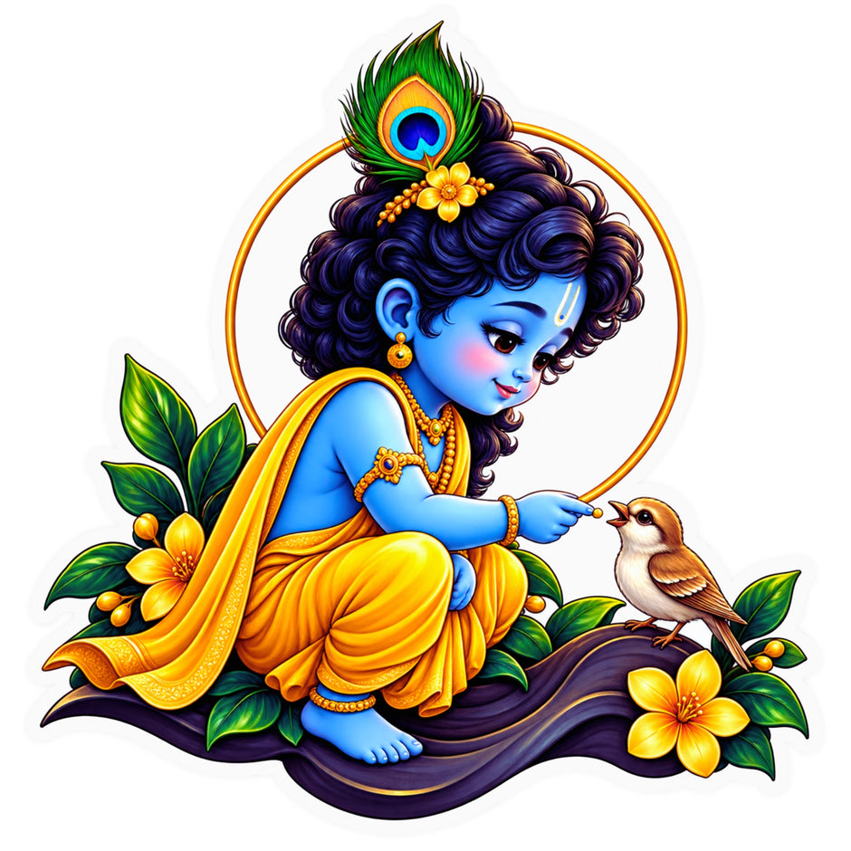 Bal Krishna Feeding Bird Sticker with Peacock Feather and Colorful Floral Devotional Artwork by STIXY