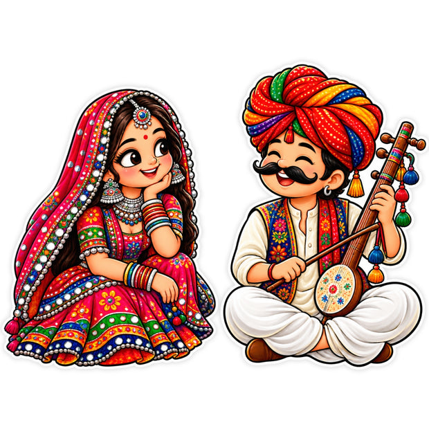 Rajasthani Folk Couple Traditional Waterproof Matte Vinyl Sticker Set of 2 by STIXY