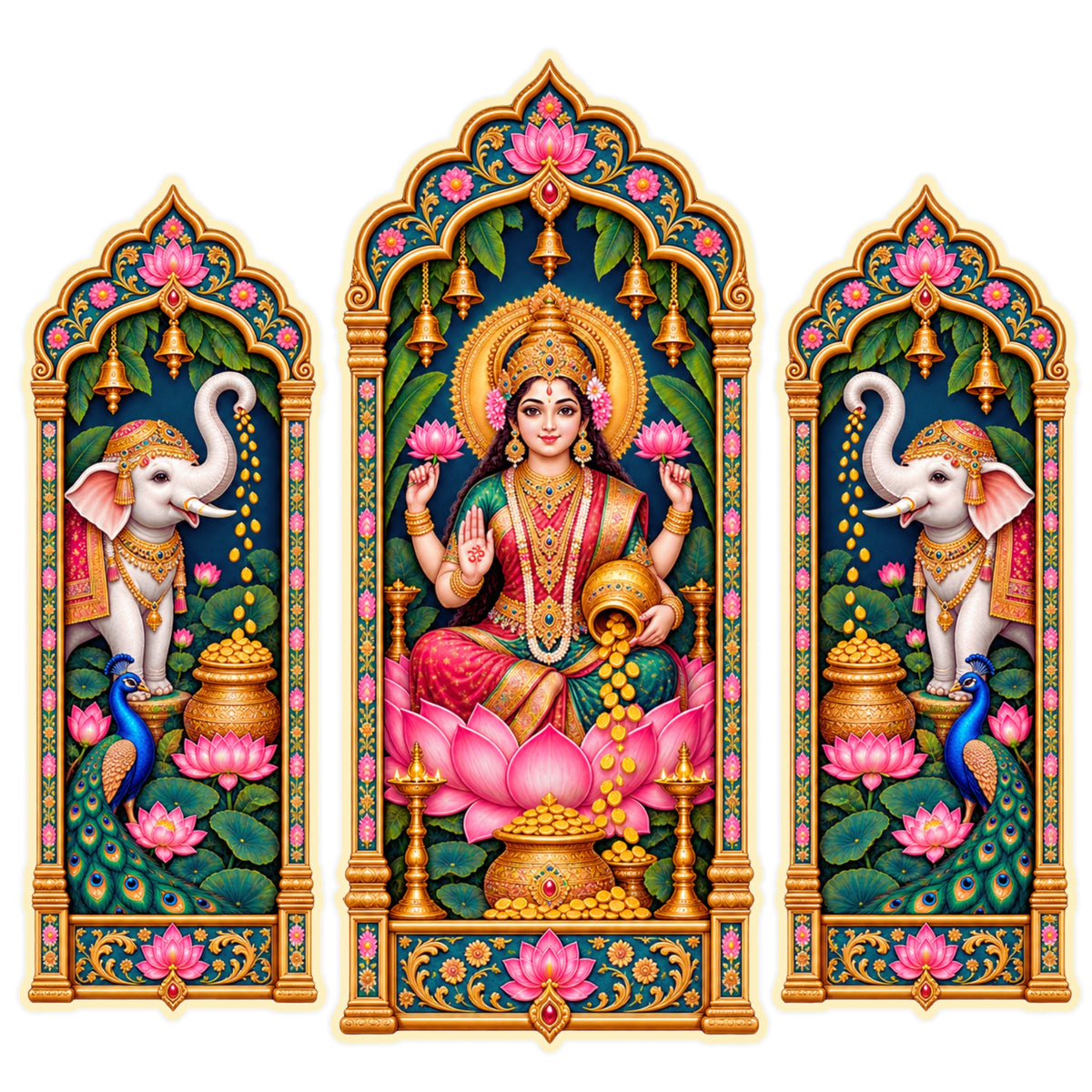 Goddess Lakshmi with Elephants Jharokha Sticker Set of 3 Featuring Traditional Indian Temple Art by STIXY
