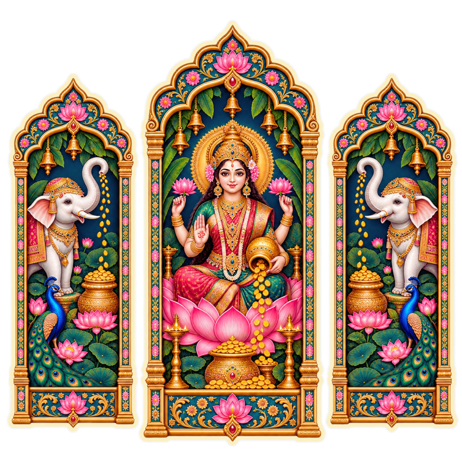 Goddess Lakshmi with Elephants Jharokha Sticker Set of 3 Featuring Traditional Indian Temple Art by STIXY