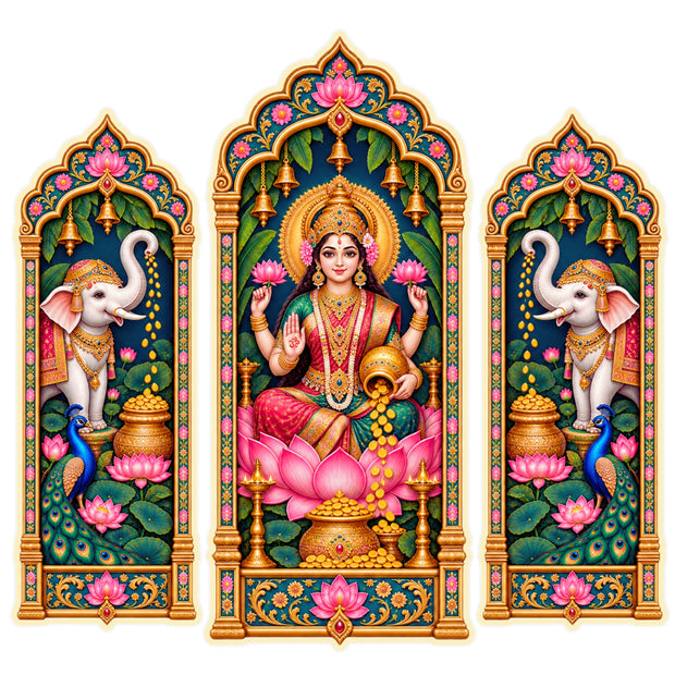 Goddess Lakshmi with Elephants Jharokha Sticker Set of 3 Featuring Traditional Indian Temple Art by STIXY