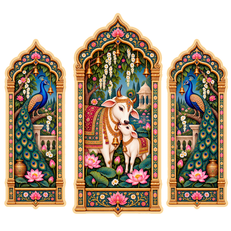 Sacred Cow and Peacock Jharokha Sticker Set of 3 with Traditional Indian Floral Temple Arch Artwork by STIXY