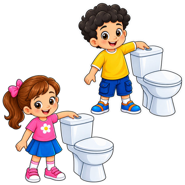 Kids Toilet Flush Reminder Boy and Girl Waterproof Matte Vinyl Sticker Set of 2 by STIXY