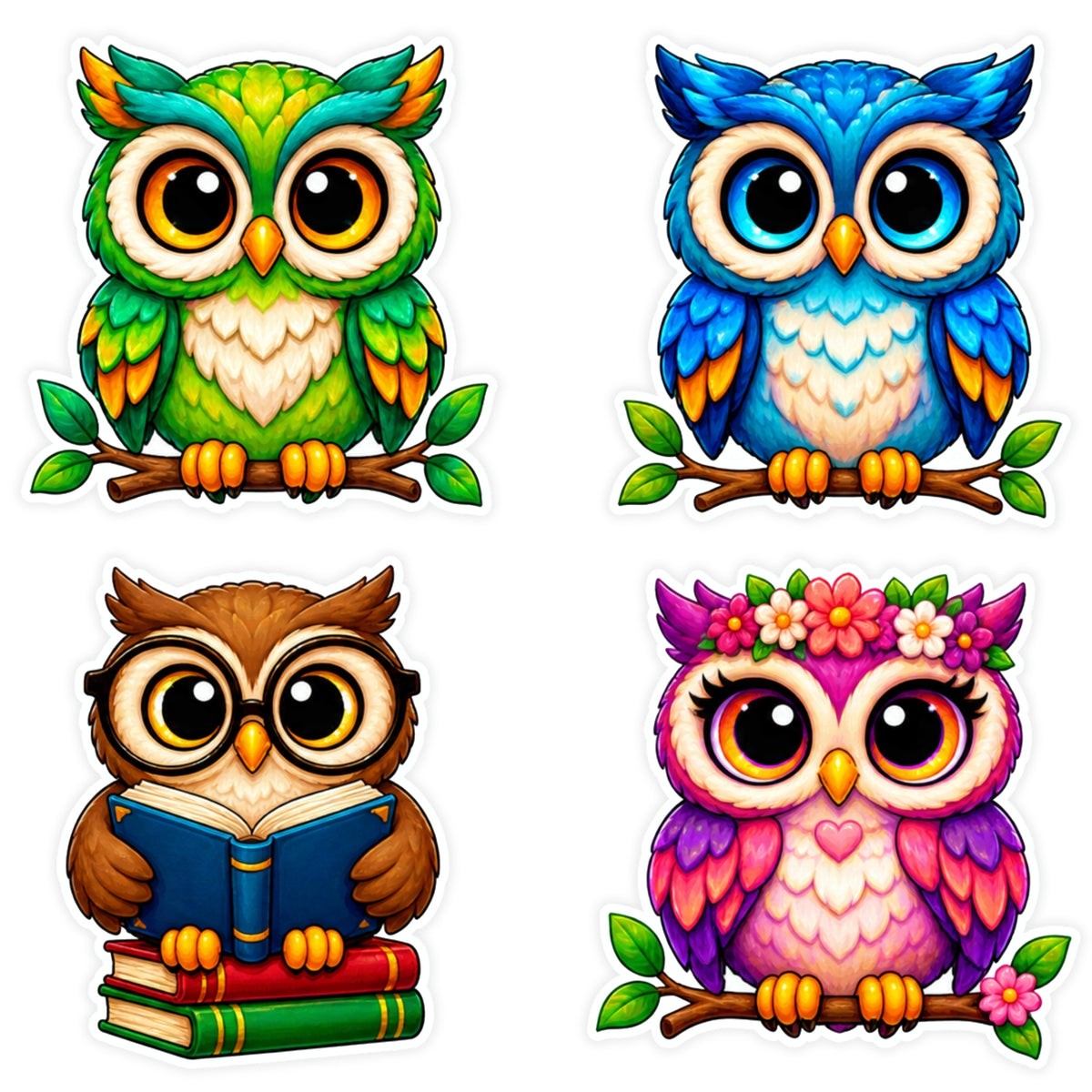 Cute Colorful Owl Sticker Set of 4 Waterproof Matte Vinyl Stickers by STIXY