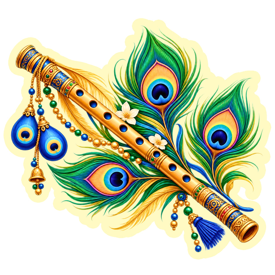 Krishna Flute Peacock Feather Spiritual Waterproof Matte Vinyl Sticker with Colourful Mor Pankh and Decorative Bansuri by STIXY