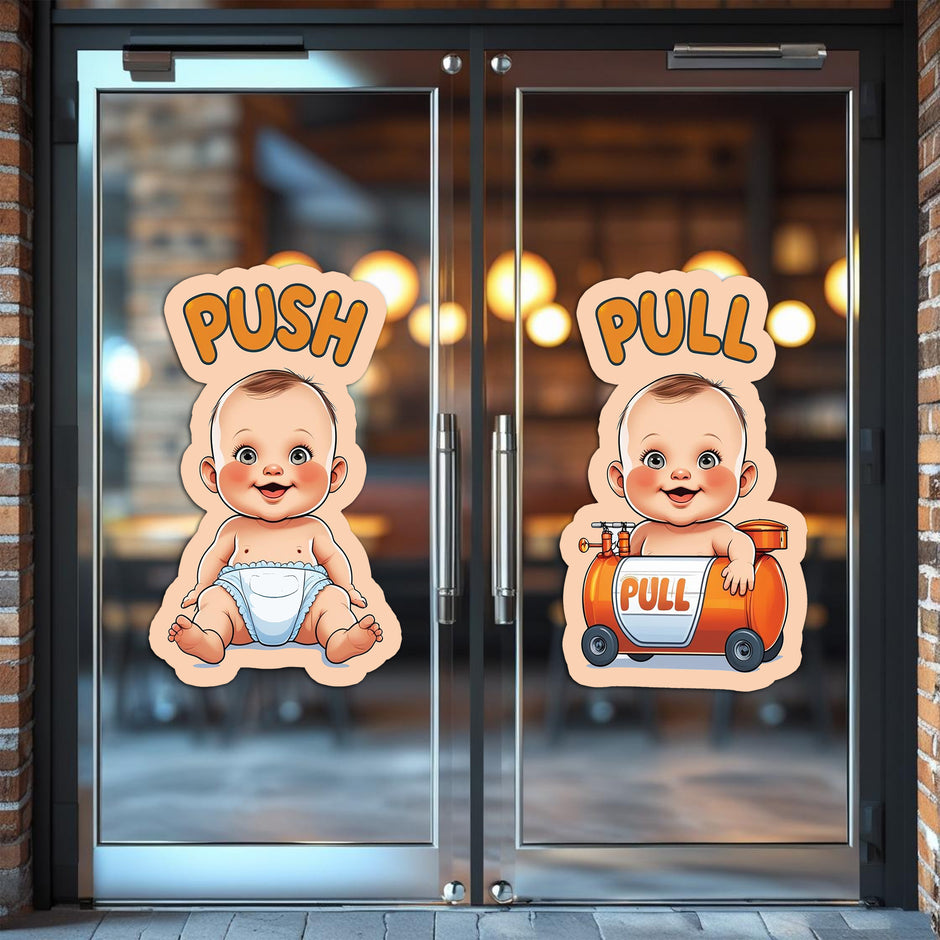 Premium Push & Pull Baby Door Sticker Set – Funny Baby with Gas Cylinder Design premium sticker image view 1