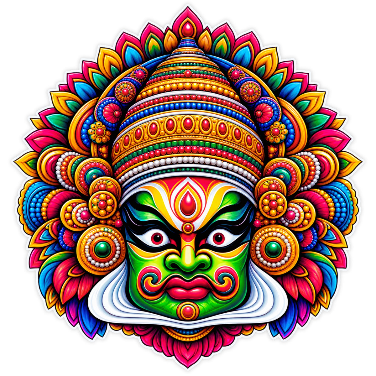 Colorful Kathakali Face Sticker with Traditional Kerala Folk Art Design by STIXY