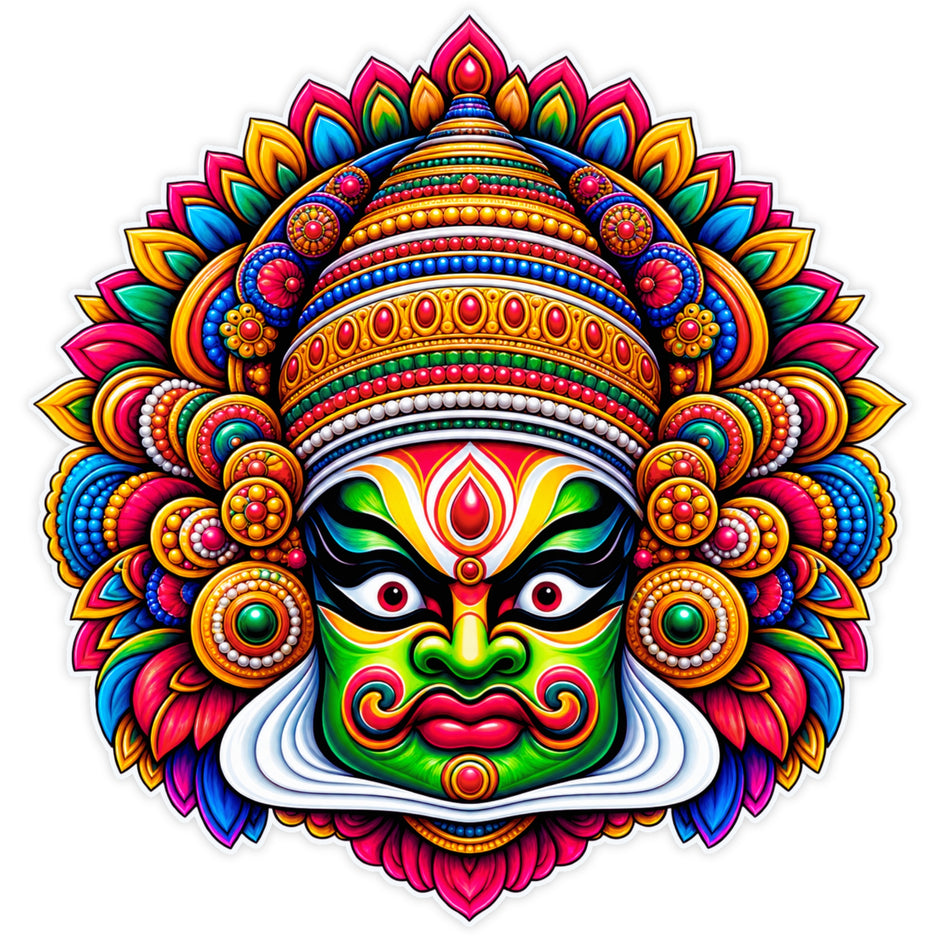 Colorful Kathakali Face Sticker with Traditional Kerala Folk Art Design by STIXY
