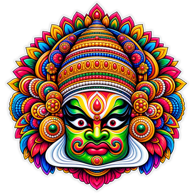 Colorful Kathakali Face Sticker with Traditional Kerala Folk Art Design by STIXY