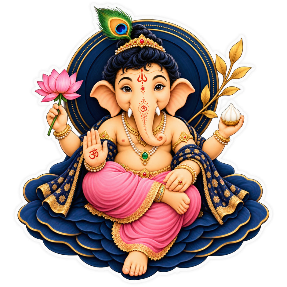 Lord Ganesha Lotus Sticker with Peacock Feather and Elegant Blue Floral Devotional Artwork by STIXY