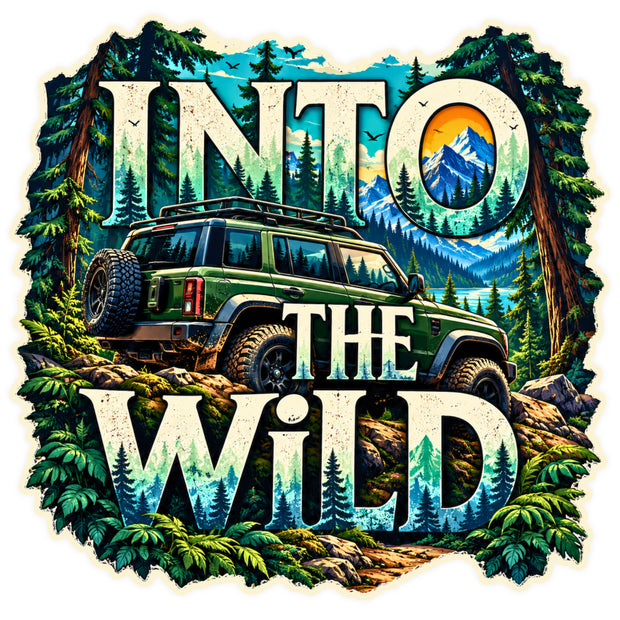 Into The Wild Off Road Adventure Sticker with SUV Mountain Forest and Bold Typography by STIXY