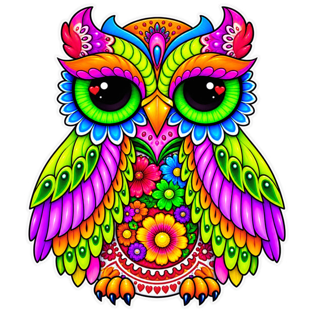 Colorful Owl Sticker with Vibrant Floral Mandala Patterns and Big Expressive Eyes by STIXY