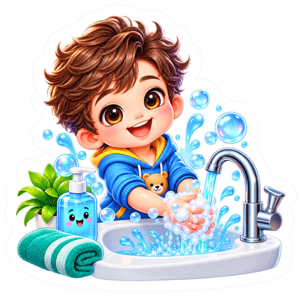 Cute Boy Hand Washing Hygiene Reminder Waterproof Matte Vinyl Sticker for Kids by STIXY