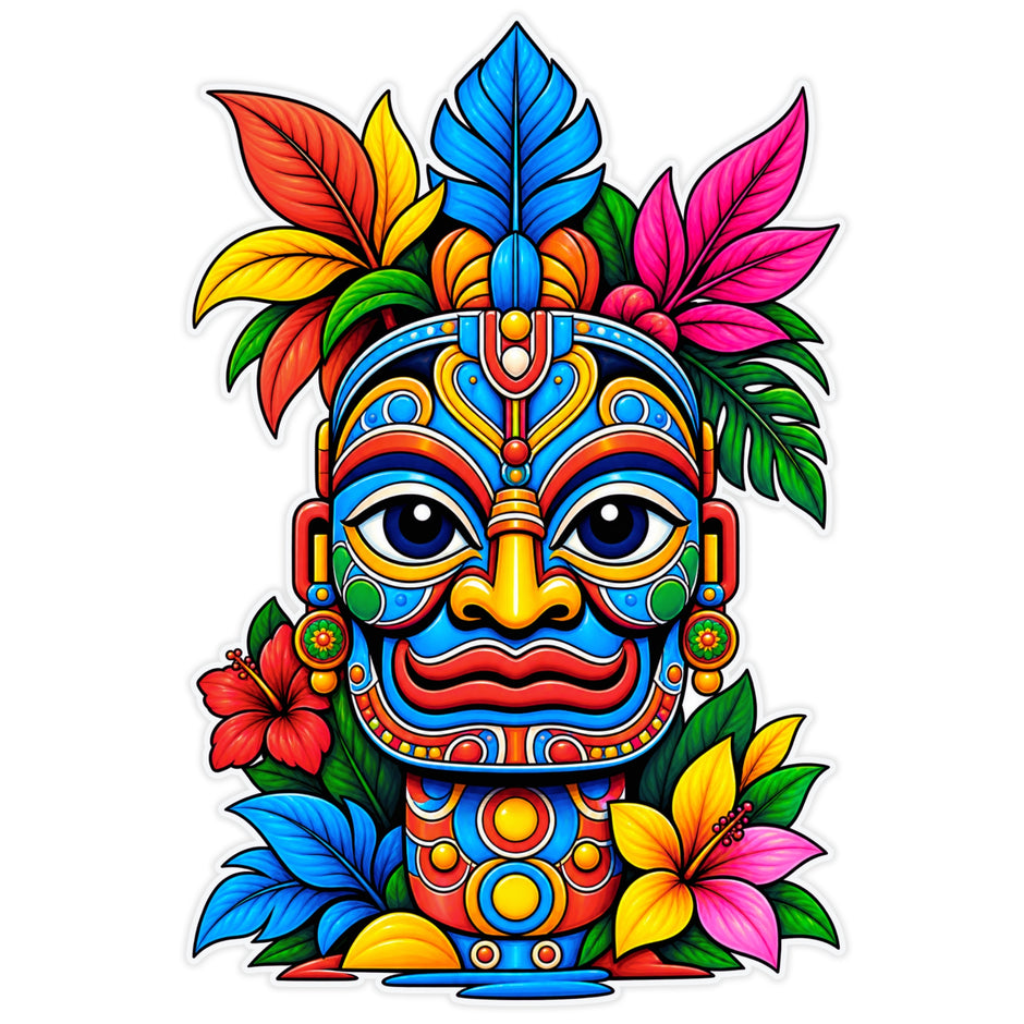 Colorful Tribal Mask Sticker with Tropical Floral and Leaf Folk Art Design by STIXY