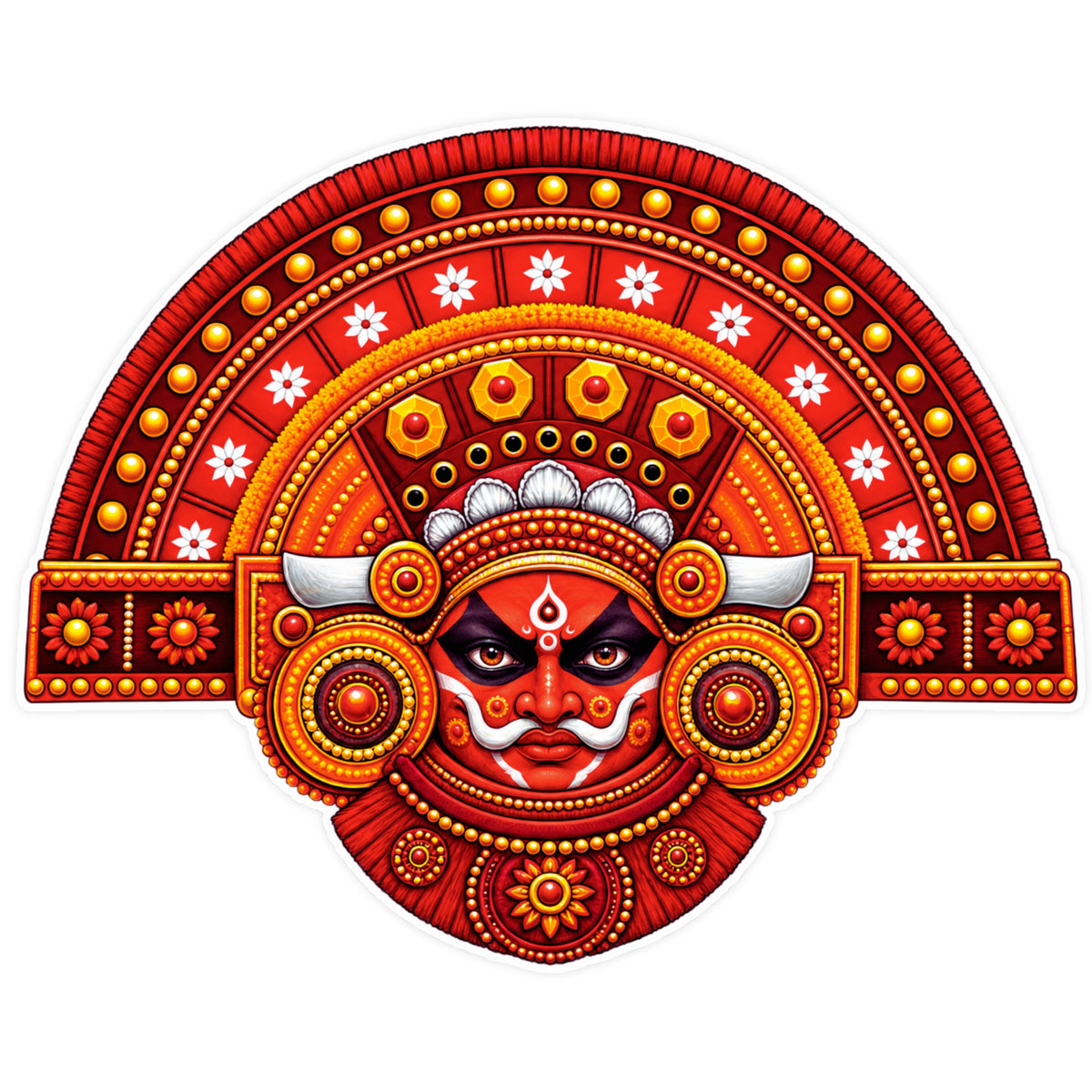Red Theyyam Face Sticker with Traditional Kerala Folk Art and Ornamental Design by STIXY